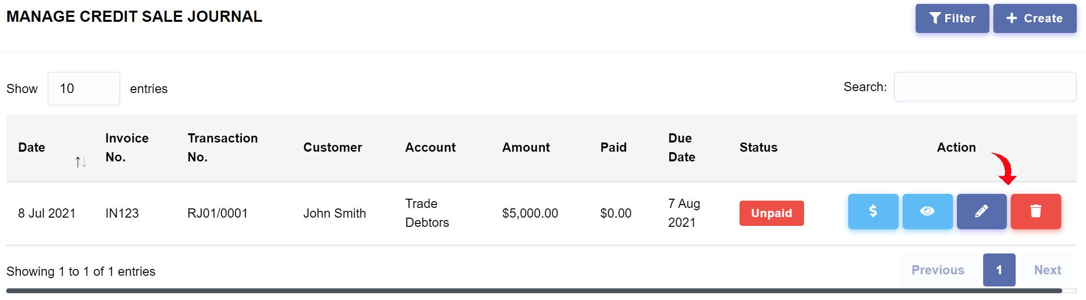 Income > Credit Sale Journal > Update or Delete Credit Sale Journal